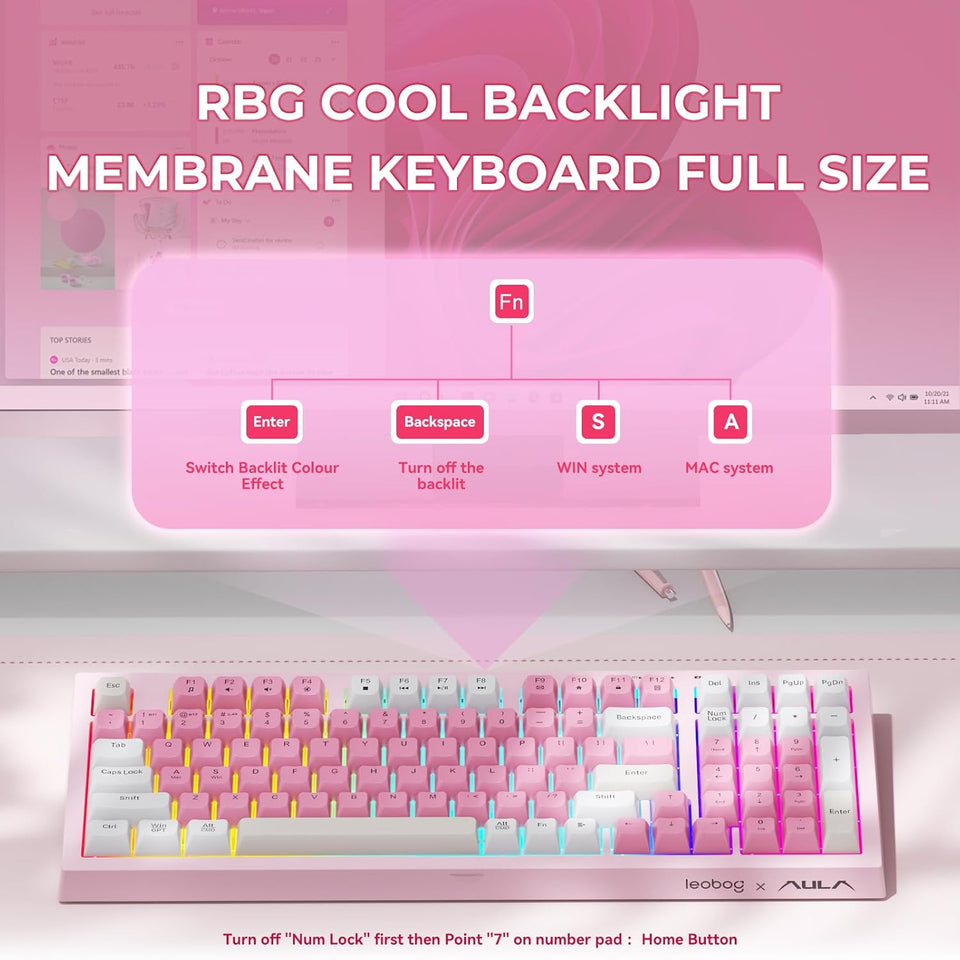 LEOBOG x Aula Gaming Keyboard, Wireless Creamy Keyboard, Bluetooth Computer Keyboards Ergonomic Pink Keyboard Full Size with Number Pad Light Up RGB Backlit Tri-Mode BT/2.4GHz/USB-C - K99
