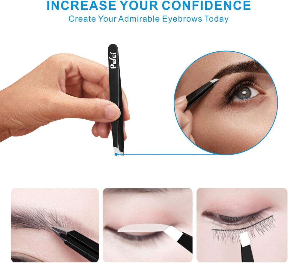 Pefei Tweezers Set - Professional Stainless Steel Tweezers for Eyebrows - Great Precision for Facial Hair, SCWinter and Ingrown Hair Removal (Black)