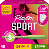 Playtex Sport Tampons Multipack, 48ct, Regular and Super, Fragrance-Free, 360 Leak Defense, Feminine Care