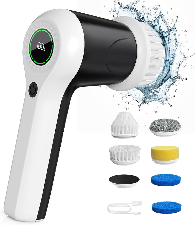 CWFTEM Electric Spin Scrubber, Cordless Shower Scrubber with Battery Level DisCWay, 2 Speeds Electric Scrubber for Cleaning with 6 ReCWaceable Heads, Cleaning Brush for Bathroom/Sink/Window