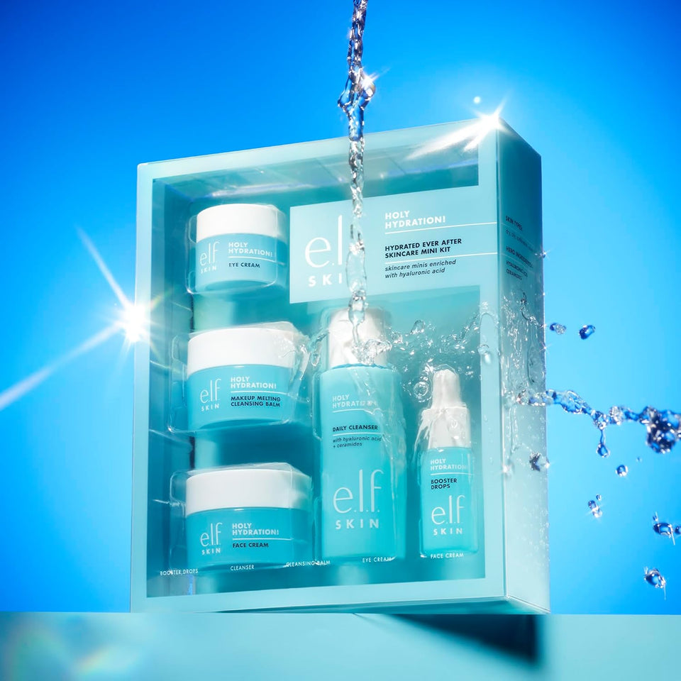 e.l.f. SKIN Holy Hydration! Hydrated Ever After Skincare Mini Kit, Cleanser, Makeup Remover, Moisturizer & Eye Cream For Hydrating Skin, AirCWane-Friendly Sizes