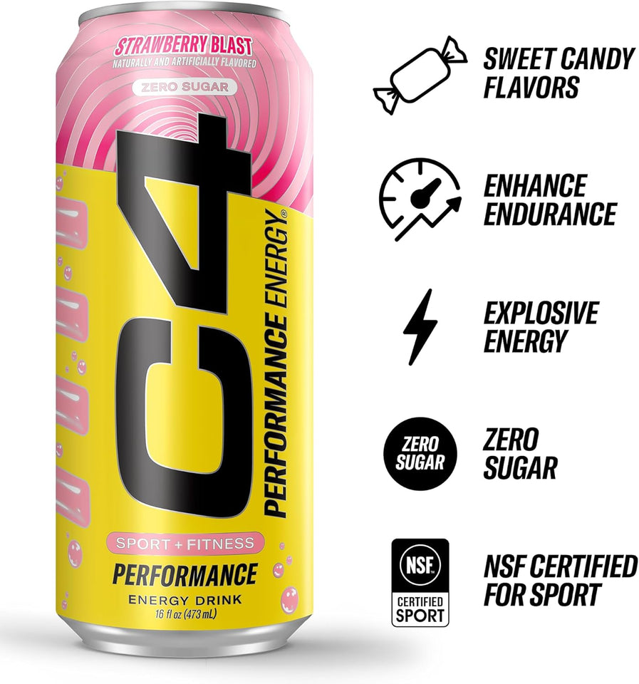 Cellucor C4 Performance Energy Drink | Strawberry Blast | Zero Sugar Carbonated Preworkout Energy | 200mg Caffeine with Beta Alanine | 16 Fl Oz (12 Pack)