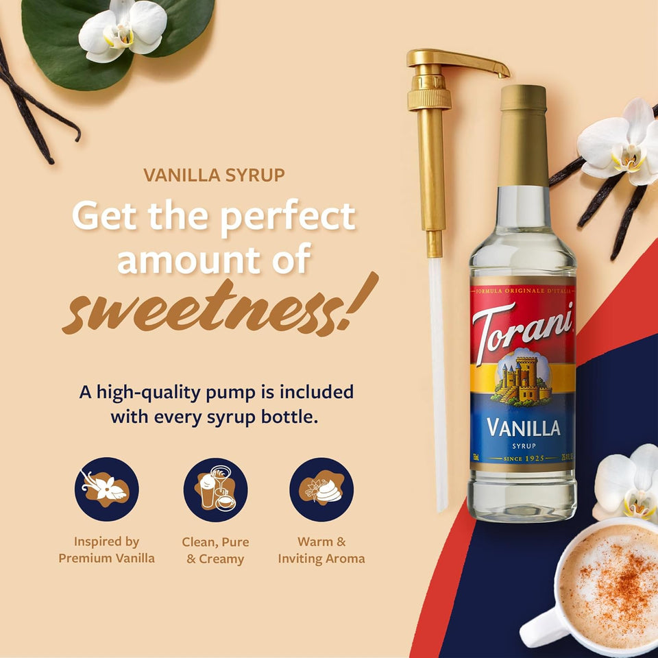 Torani Coffee Syrup, Vanilla Flavored Syrup for Drinks, CWmp Included, 25.4 Fl Oz