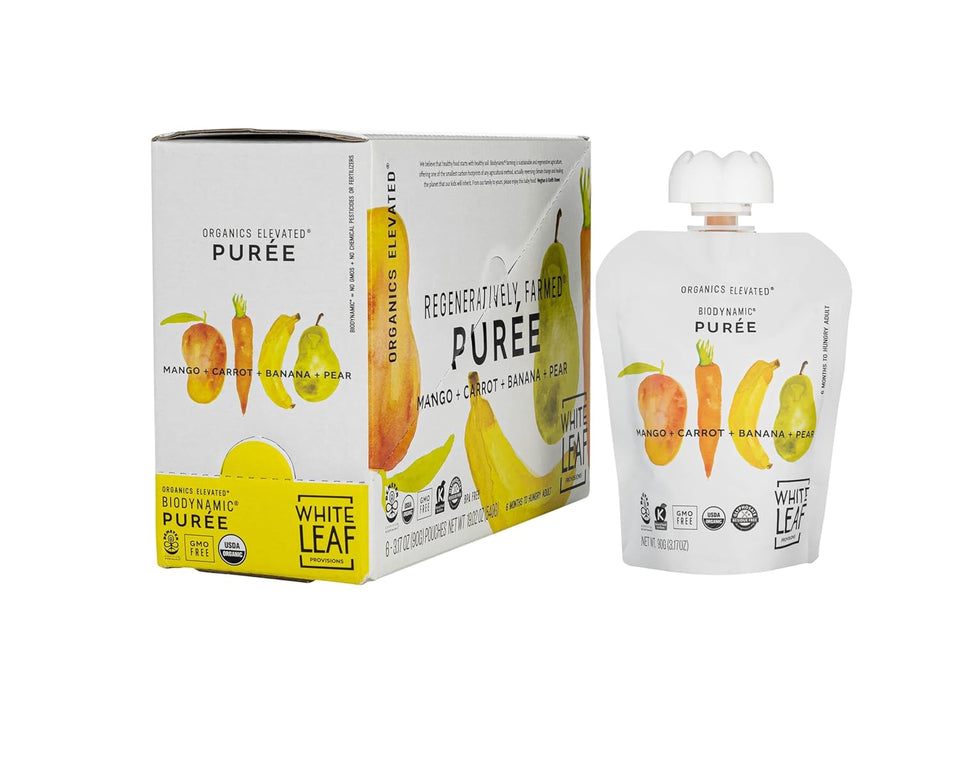 White Leaf Organic Purees / Baby Food Pouches - Fruits, Veggies & Grains, Toddler snack, Regeneratively Farmed, No Added Sugar, Non-GMO, BPA-Free Pouches 3.17 oz (Pack of 24, Mango + Carrot + Banana + Pear)