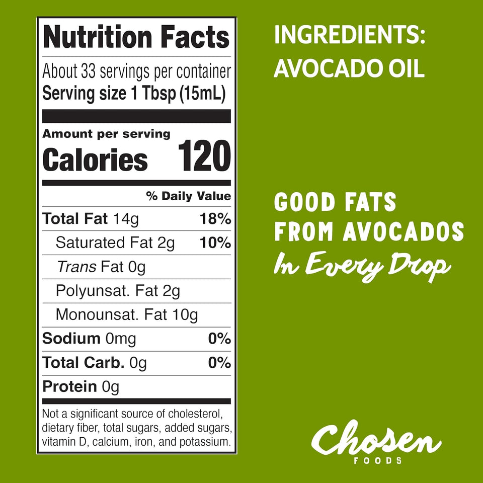 Chosen Foods 100% Pure Avocado Oil, 16.9 Fl Oz, All Purpose Cooking Oil, Non-GMO, Gluten-Free, Keto Friendly, Glyphosate Free