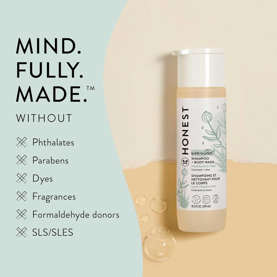 The Honest Company 2-in-1 Cleansing Shampoo and Body Wash for Sensitive Skin, Tear-Free, Hypoallergenic with Naturally Derived Ingredients, Fragrance-Free, 10 fl oz
