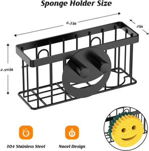 Sponge Holder Smiley Face,Sink Caddy,Sink Organizer with 2 Suction Cups/1 Adhesive Strips,Designed for Sponge,Soap,Dish Brush,Scrubber - Black