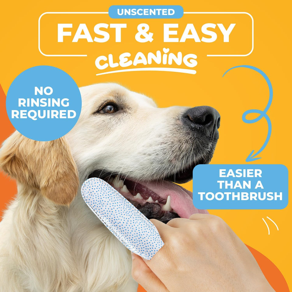 Dog & Cat Teeth Cleaning Wipes - Dental Finger Wipes for Cats & Dogs - Pet Toothbrush & Tooth Brushing Kit - Effective Teeth Cleaner (Unscented)