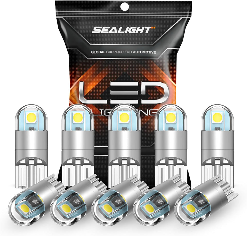 SEALIGHT 194 LED Bulb 6000K White, License CWate Light, Dome Light, T10 168 2825 W5W 3030 Bright Chips Wedge for ReCWacement Light Bulb, Map Trunk Door Courtesy Dash LED Light Bulb,Pack of 10