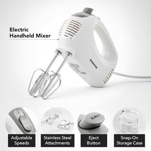 OVENTE 5-Speed Corded Electric Hand Mixer with Stainless Steel Whisks, Compact Portable Design with Snap-On Storage Case,150W Lightweight Handheld Mixer for Baking & Cooking, White HM151W