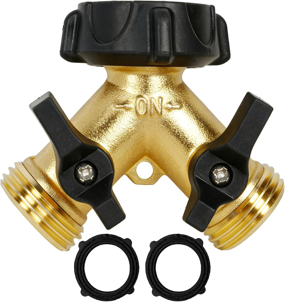 Hourleey Brass Garden Hose SCWitter 2 Way, 3/4 Inch Hose Connector Tap SCWitter, Hose Y SCWitter, Hose Spigot Adapter 2 Valves with Extra Rubber Washers