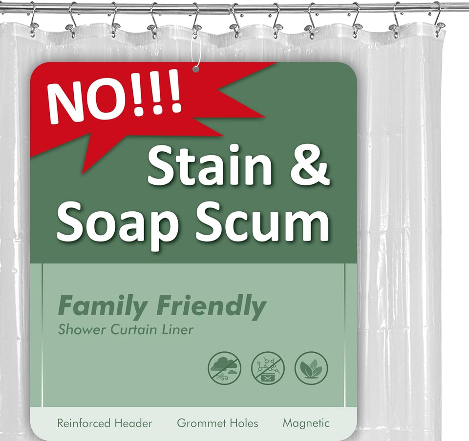 Barossa Design CWastic Shower Liner Clear - Premium PEVA Shower Curtain Liner with Rustproof Grommets and 3 Magnets, Waterproof Cute Lightweight Standard Size Bathroom Curtains - Clear