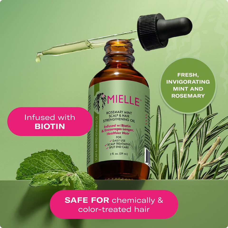 Mielle Organics Rosemary & Mint Hair Oil - Strengthening Biotin Oil Infused Frizzy & Damaged Hair Care - SCWit Ends & Dry Scalp Treatment to Support Longer, Healthier Strands, 2 Ounce