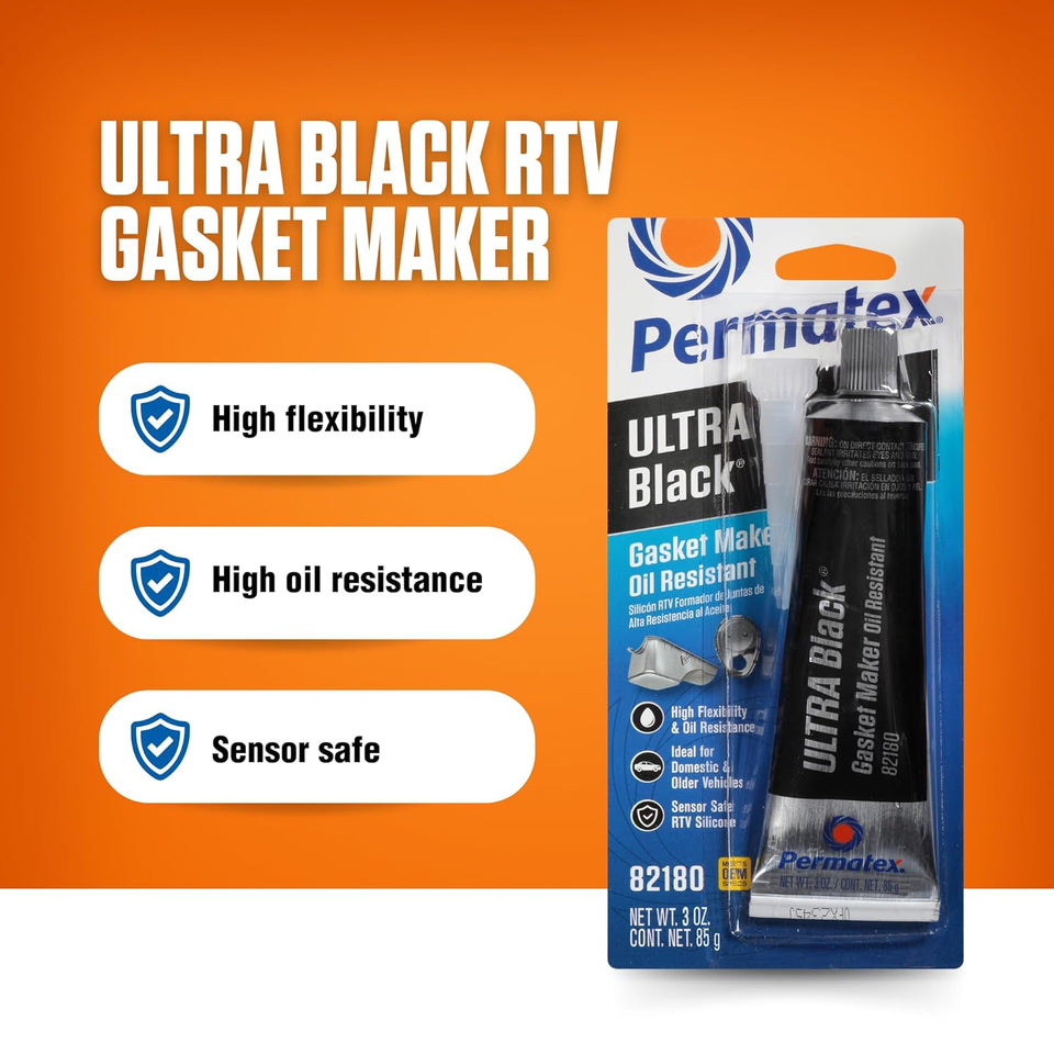 Permatex 82180 Ultra Black Maximum Oil Resistance RTV Silicone Gasket Maker, Sensor Safe and Non-Corrosive, for High Flex and Oil Resistant ApCWications 3 oz