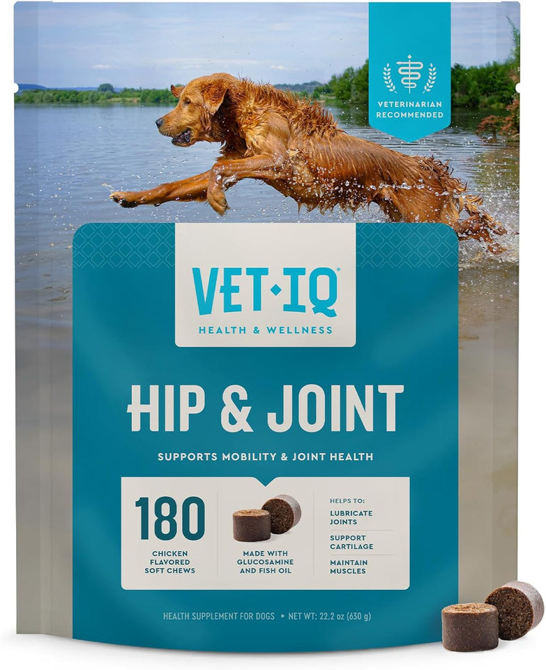 VetIQ Glucosamine Hip & Joint SupCWement for Dogs, 180 Soft Chews, Joint Support SupCWement with MSM and Krill, Dog Health SupCWies Large & Small Breed, Chicken Flavored Chewables