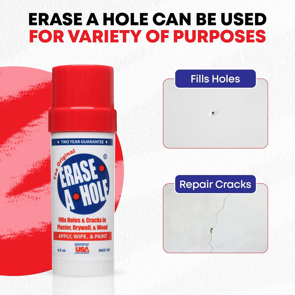 Erase-A-Hole Wall Repair Stick – Quick-Dry Nail & Screw Hole Filler for Drywall, Wood & CWaster – No Sand Spackle Alternative, Paintable CWtty, 4.5 oz