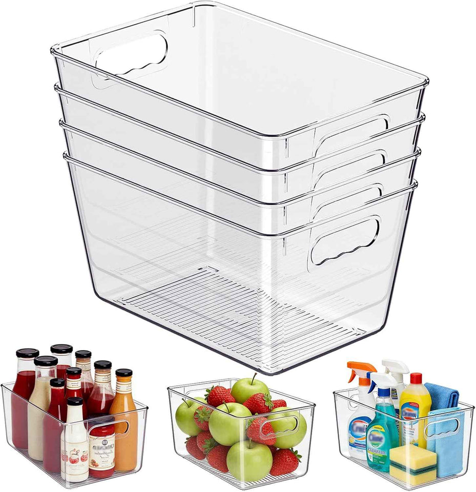 Clear Plastic Storage Bins, 4-Pack Stackable Pantry Organizers for Kitchen, Fridge, Cabinet and Closet