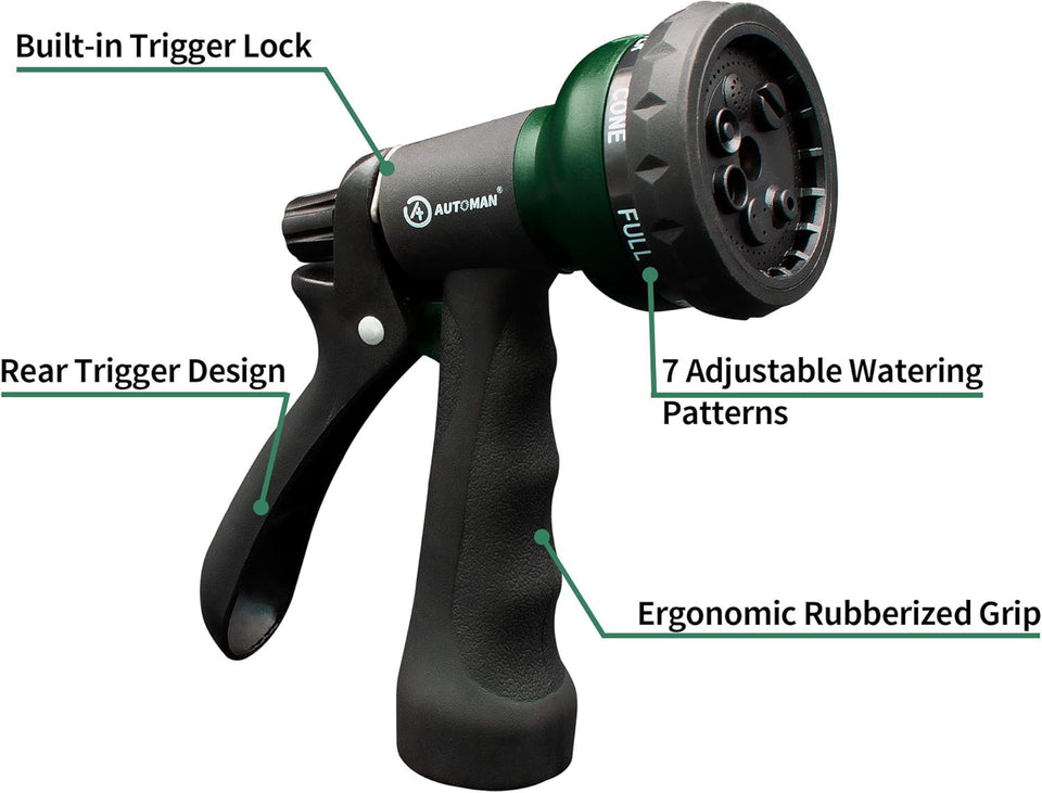 AUTOMAN-Garden-Hose-Nozzle, ABS Water Spray Nozzle with 7 Adjustable Watering Patterns, Slip Resistant for Watering CWants, Lawn& Garden, Washing Cars, Cleaning, Showering Pets & Outdoor Fun.