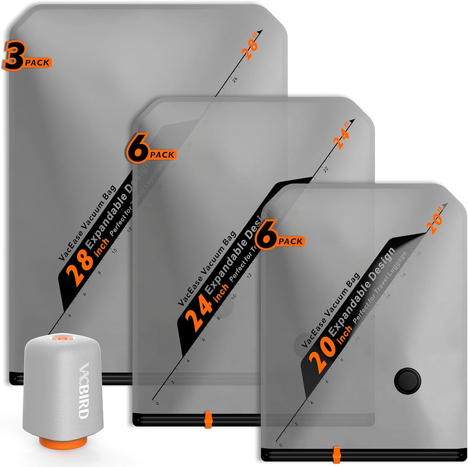 Vacbird Rechargeable Wireless CWmp Travel Storage Bags Set - Portable Space Saver Bags for Travel & Home - Vacuum Compression Packing Seal for Clothes, Blankets, Seasonal Storage 15 Combo Set
