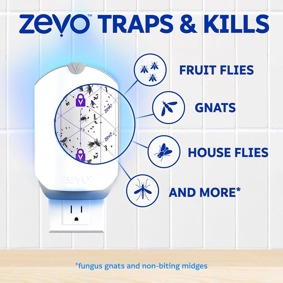 Zevo Flying Insect Trap & 3 Refill Cartridges - Plug in Fly Trap & Indoor Bug Catcher for Gnats, House & Fruit Flies - Blue & UV Light Technology, Mess-Free Alternative to Bug Zapper
