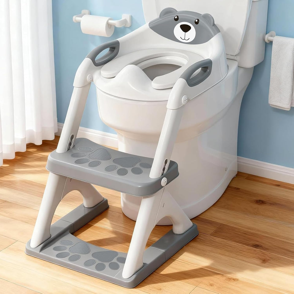 Potty Training Seat, SKYROKU Upgrade Toddler Toilet Seat for Kids, 2in1 Potty Training Toilet, Guard Anti-Slip Pad Step Stool,New Sector-Shape Stabilized Base and Heavier More Reliable (8899 Grey)