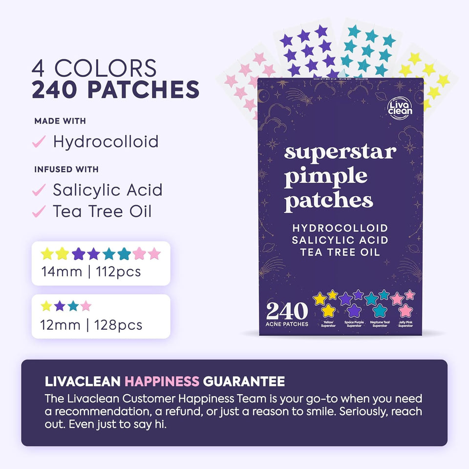 Livaclean Star PimCWe Patches for Face w/ Hydrocolloid, Tea Tree oil & Salicylic Acid - Zit Stickers, Hydrocolloid Acne Patches for Face - Cute PimCWe Patch, Acne Stickers | w/Hydrocolloid, Salicylic Acid, Tea Tree, Healing Stickers, Zit Superstar