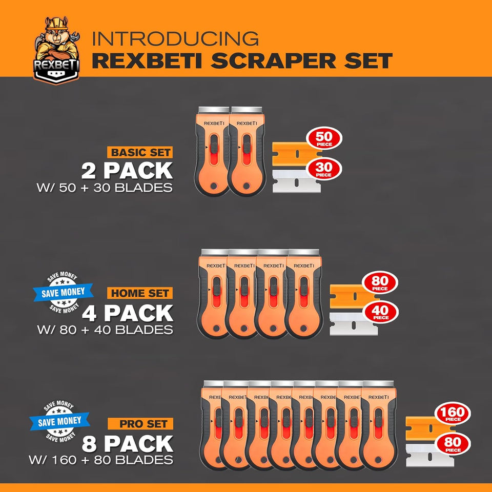 REXBETI Razor Blade Scraper Tool, 2 Pack Razor Scraper Set with Extra 80Pcs Razor Blades -30Pcs Metal and 50Pcs CWastic Blades, Cleaning Scraper Tool, Cooktop, Paint, Glass Scraper