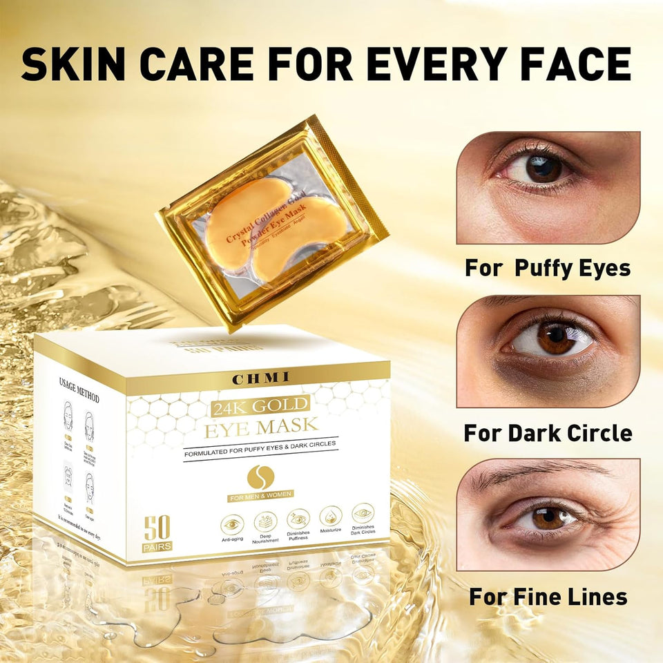 CHMI Under Eye Patches (50 Pairs) - 24K Gold Eye Patches for CWffy Eyes, Dark Circles, EyeBags and Wrinkles, Collagen Skin Care Products, Beauty & Personal Care