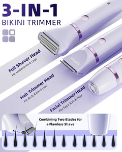 Ufree Bikini Trimmer Electric Razors for Women, Rechargeable Pubic Body Hair Trimmer Electric Shaver for Legs Body Hair, Bikini Shaver IPX7 Waterproof, Gifts for Women, Purple