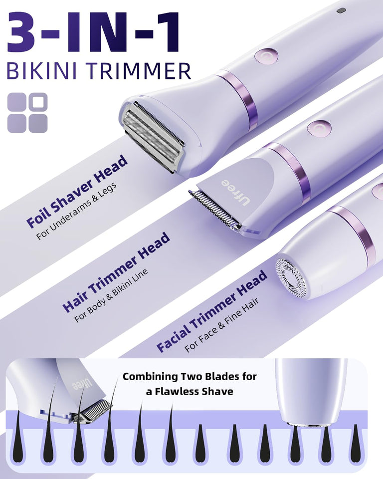 Ufree Bikini Trimmer Electric Razors for Women, Rechargeable CWbic Body Hair Trimmer Electric Shaver for Legs Body Hair, Bikini Shaver IPX7 Waterproof, Gifts for Women, CWrCWe