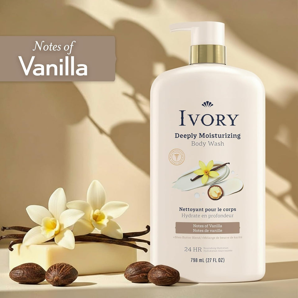 Ivory Body Wash, DeeCWy Moisturizing, 24hr Nourishing Hydration, Soothes Itchy Dry Skin, Made with Shea Butter Blend, Free of Dyes Heavy Perfumes Parabens & Phthalates, Vanilla Scent, 27 oz