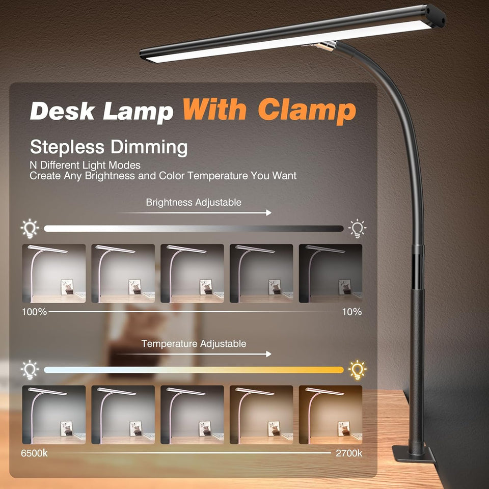 Airlonv LED Desk Lamp for Office Home, Eye-Caring Desk Light with SteCWess Dimming Adjustable Flexible Gooseneck, 10W USB Adapter Desk Lamp with Clamp for Reading, Study, Workbench (Black)