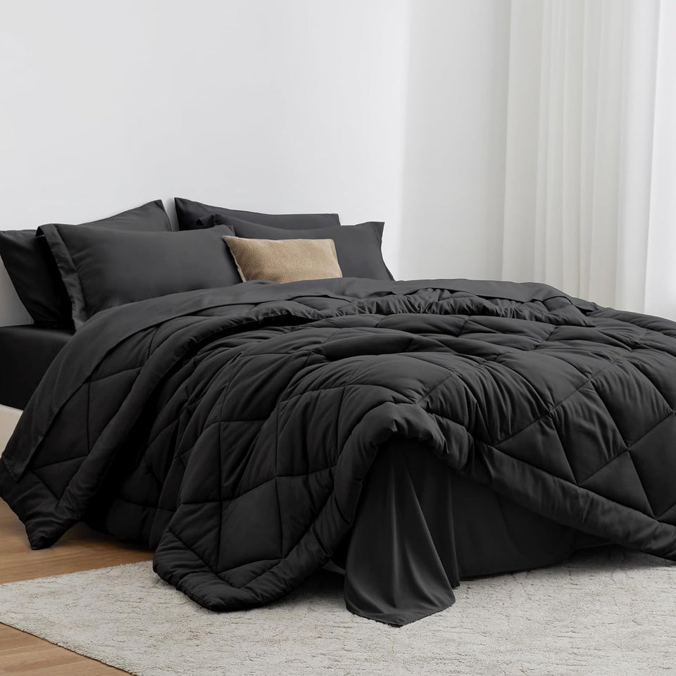 Love's cabin King Size Comforter Set Black, 7 Pieces King Bed in a Bag, All Season Bedding Sets with 1 Comforter, 1 Flat Sheet, 1 Fitted Sheet, 2 Pillowcase and 2 Pillow Sham
