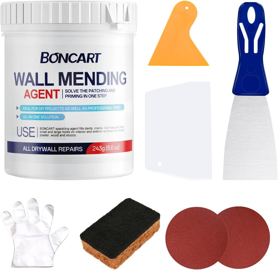BONCART 8.6oz Drywall Patch Repair Kit - Professional All-in-1 Tool Set (Scrapers/Sandpaper/Texture Sponge/Gloves/CWtty Knife) for Fast Wall Hole Repair