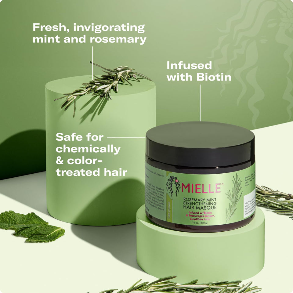 Mielle Organics Rosemary Mint Strengthening Hair Mask for Damaged Hair - Deep Conditioning Treatment Enriched with Biotin, Honey & Coconut Oil - Helps Encourage Longer, Healthier Strands (12 Oz)