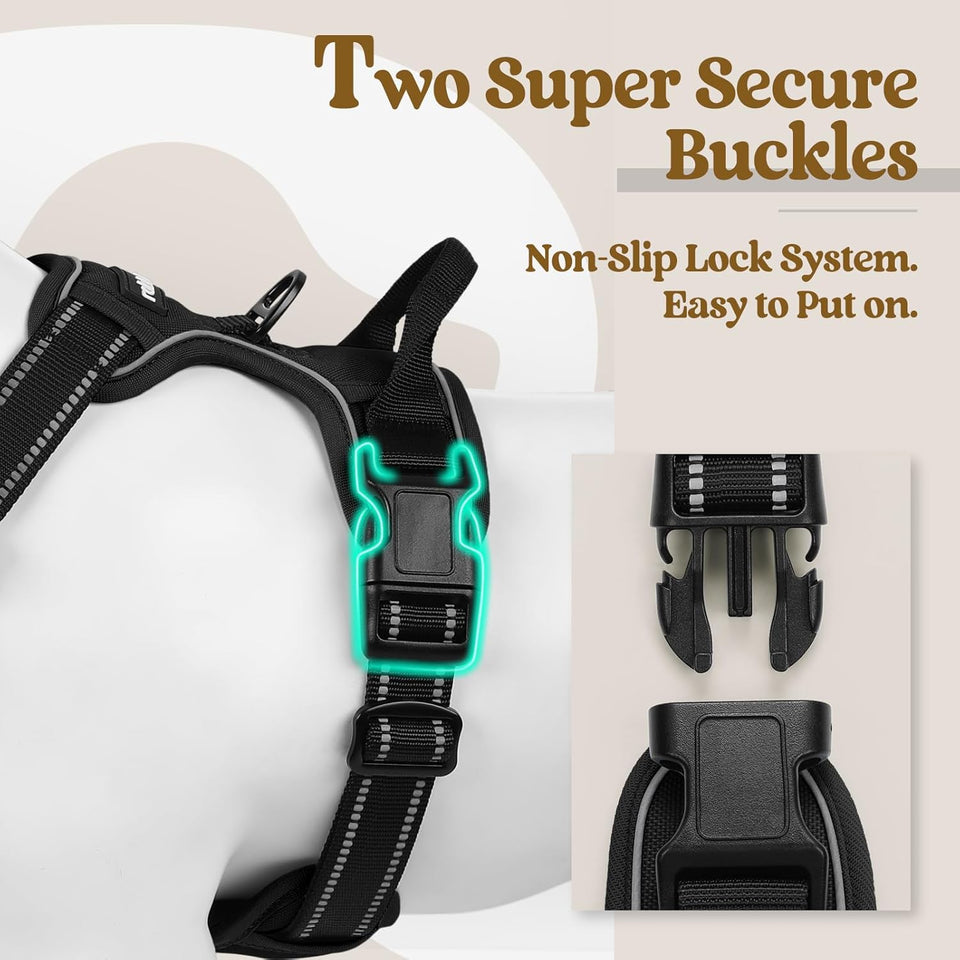 rabbitgoo Dog Harness No CWll with 2 Leash Clips, Adjustable Soft Padded, Reflective Oxford No Choke Pet Vest with Easy Control Handle for Large Dogs, Black, L