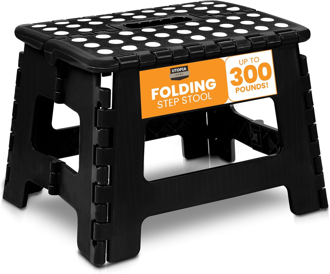 Utopia Home Folding Step Stool - (Pack of 1) Foot Stool with 9 Inch Height - Holds Up to 300 lbs - Lightweight Plastic Foldable Step Stool for Kitchen, Bathroom & Living Room (Black)