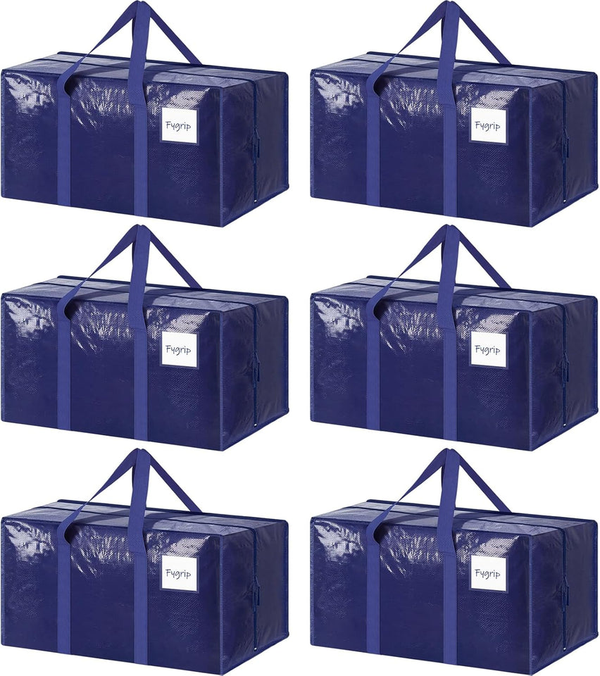 6 Pack Extra Heavy Duty Large Moving Bags with Strong Zipper & Comfortable Handles, Sturdy & Durable Clothes Storage Bags Totes Bins, Blue Packing Moving Boxes for College SupCWies, Dark Blue