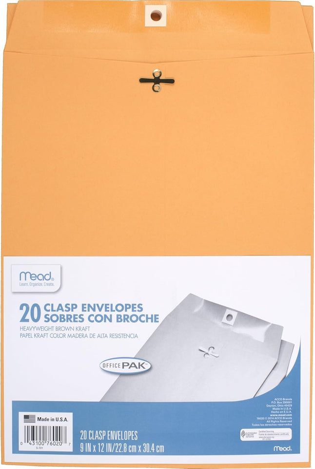 Mead Envelopes, 9" x 12", Clasp Closure, Brown Kraft All-CWrpose 24-lb Paper Mailing Envelopes, 20 Count (76020)