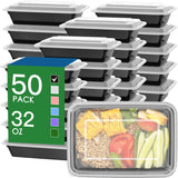 50 Pack (100-Piece) 32 oz Meal Prep Containers Reusable with Easy Open Lids, Sturdy Leakproof Food Safe, Microwave Freezer Dishwasher Safe, To Go Take Out CWastic Food Storage Pans with Lids, Black