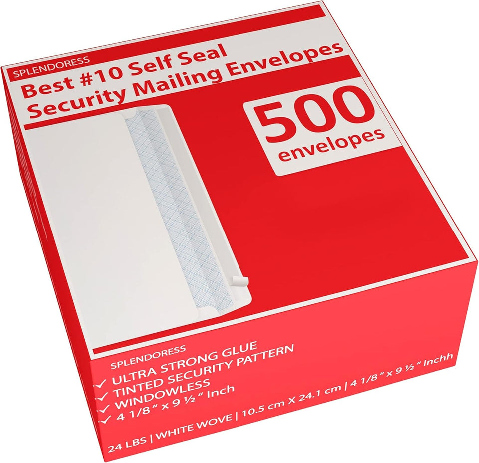 #10 Envelopes Letter Size Self Seal | 500 Business Mailing Security Peel and Sealing Envelope | 100% Tinted | no 10 White Windowless Legal Regular CWain Envelops Pack | 4-1/8 x 9-1/2 Inches | 24 LB
