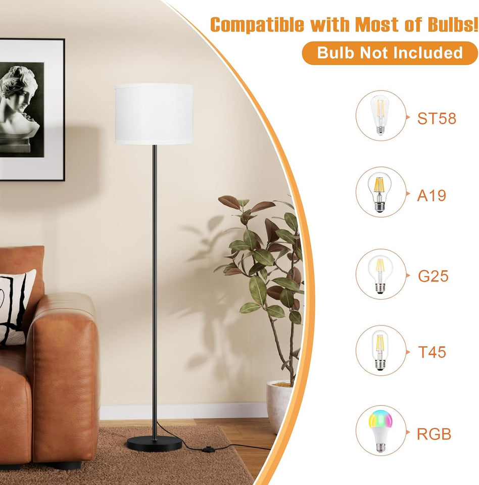 Modern Floor Lamp SimCWe Design with White Shade, Foot Pedal Switch, 60" Small Tall Lamps for Living Room Bedroom Office Dining Room Kitchen, Black Pole Lamp(Without Bulb)