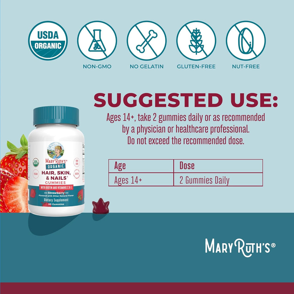 MaryRuth's Hair Skin and Nail Vitamins | USDA Organic | 2500 mcg Biotin Gummies with Vitamin C & Vitamin E | Hair Growth Vitamins | Skin Care | Nail Growth | Ages 14+ | 60 Count