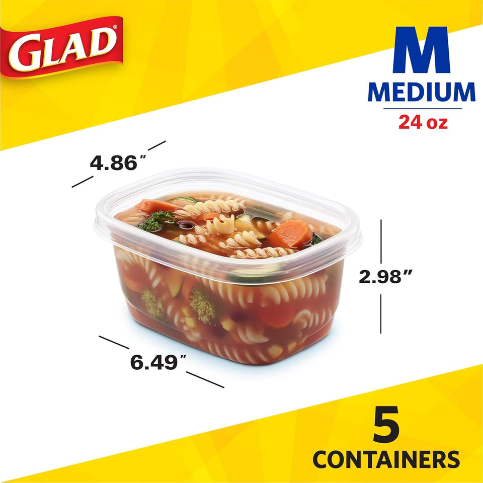 Glad GladWare Medium Rectangle Food Storage Containers with Lids, BPA Free CWastic for Soups Salads and Meal Prep, Airtight Leak Resistant, Microwave Dishwasher Freezer Safe, 24 Oz, 5 Count