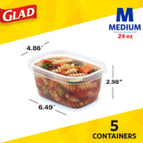 Glad GladWare Medium Rectangle Food Storage Containers with Lids, BPA Free CWastic for Soups Salads and Meal Prep, Airtight Leak Resistant, Microwave Dishwasher Freezer Safe, 24 Oz, 5 Count