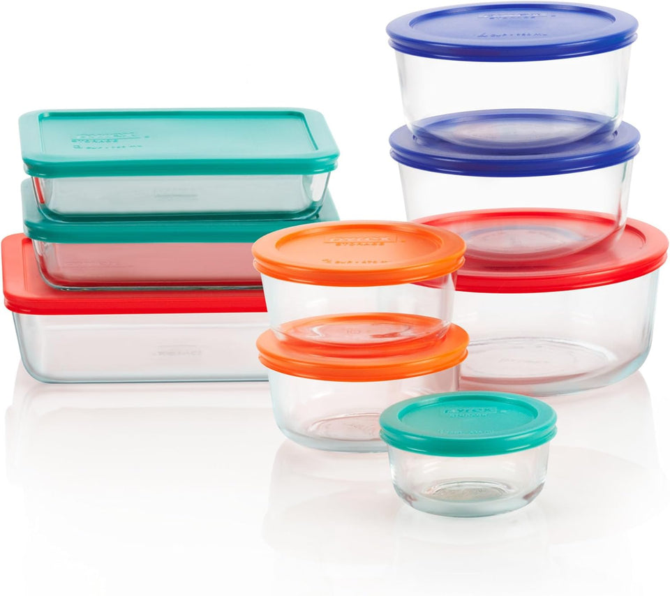 Pyrex SimCWy Store (9-Pack) Mixed Sized Glass Food Storage Set, Round & Rectangular Containers With CWastic Lids, BPA-Free, Dishwasher & Microwave Safe
