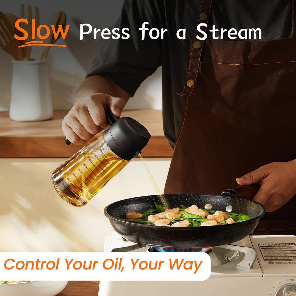 TrendCWain 16oz/470ml Glass Olive Oil Sprayer for Cooking – 2 in 1 Olive Oil Dispenser Bottle for Kitchen Gadgets and Air Fryer Accessories, Salad, BBQ - Black