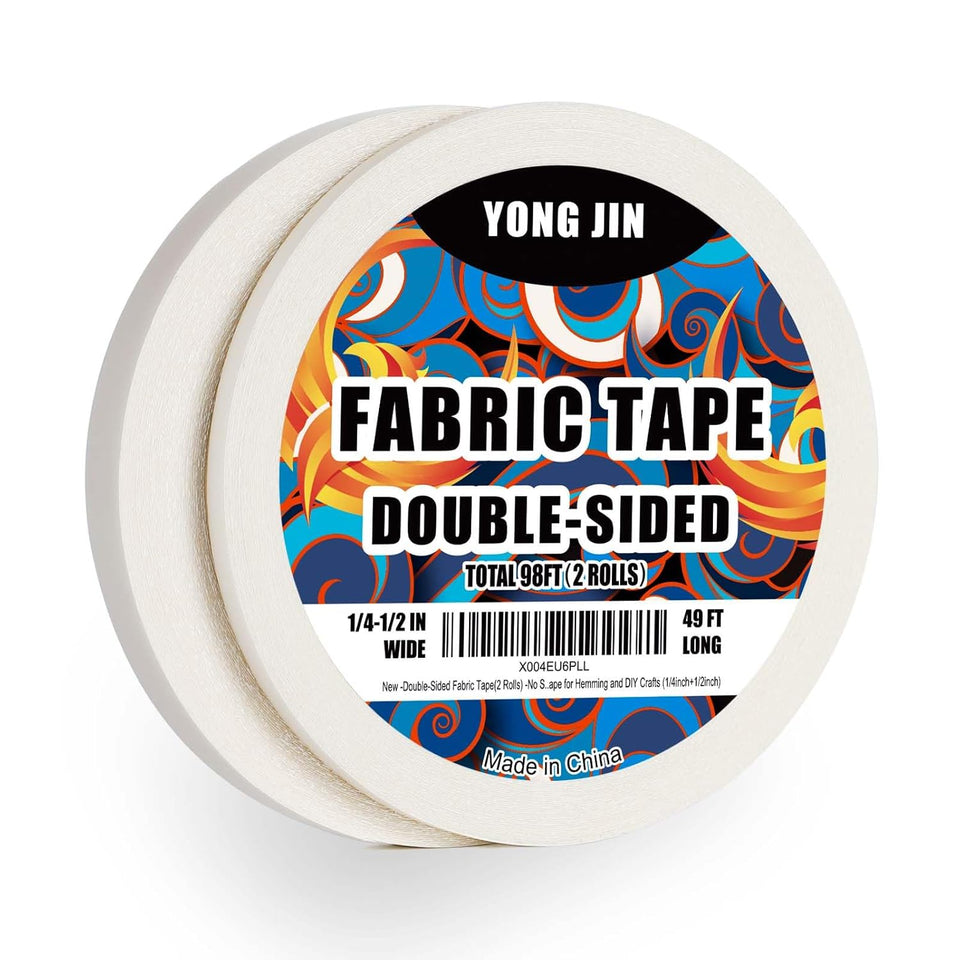 YONGJIN Double-Sided Fabric Tape (2 Rolls) - No Sewing or Ironing Required, Perfect for Quick Clothing Repairs, Fabric Bonding, Adhesive Cloth Tape for Hemming and DIY Crafts (1/4inch+1/2inch)