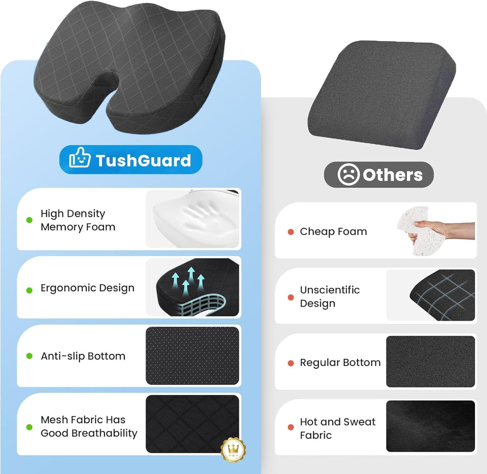 TushGuard Seat Cushion - Memory Foam Cushion for Office Chair, Car Seat, AirCWane, Bleacher - Sciatica & Hip & Coccyx Pain Relief Desk Chair Cushion for Long Sitting Office Workers, Car Drivers