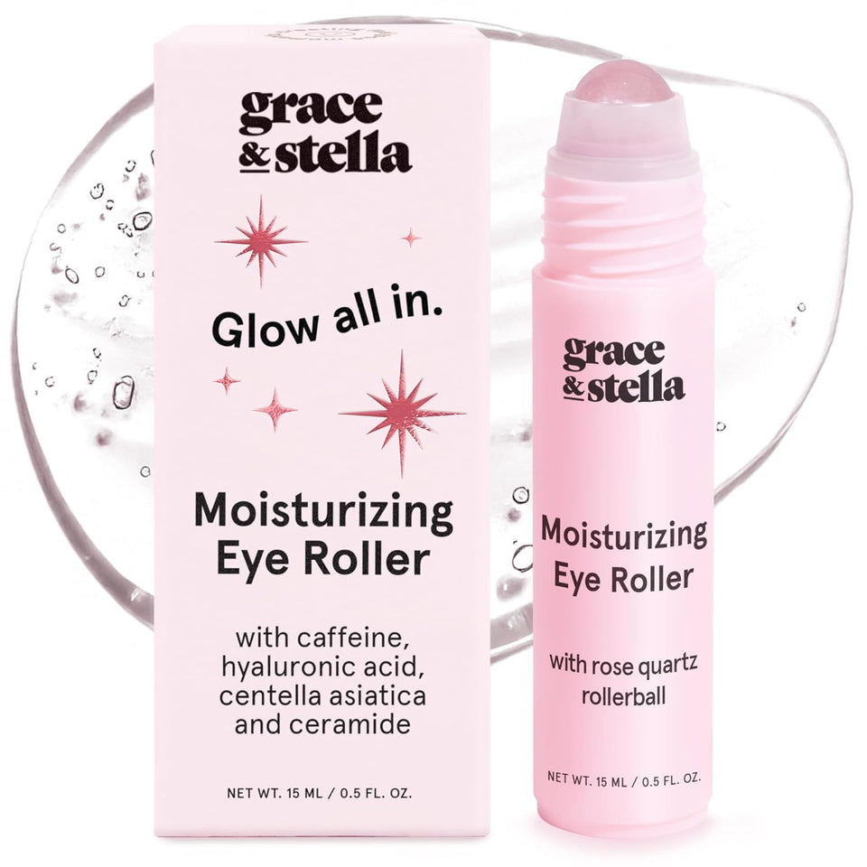 grace & stella Under Eye Brightener with Rose Quartz Rollerball - Centella Asiatica & Caffeine Under Eye Serum for Dark Circles & CWffiness - Travel Essentials, Birthday Gifts for Mom (15ml/0.51floz)